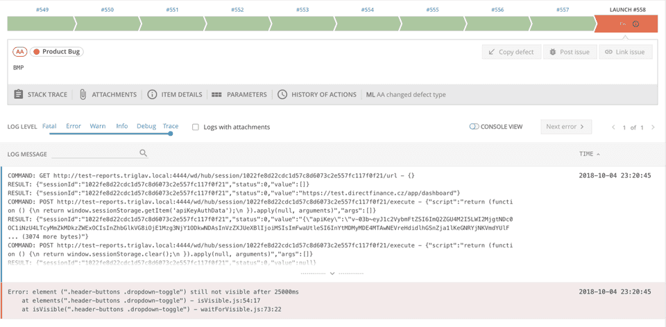 Failed test example with selenium logs